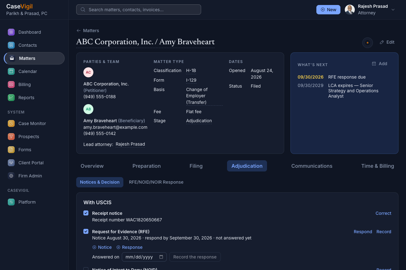CaseVigil matter in dark mode with What's Next and the USCIS notices on the Adjudication tab